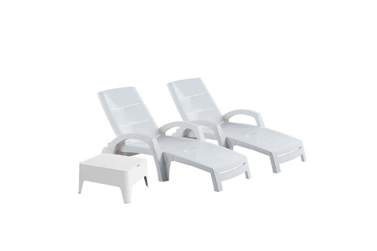 lot de 2 transats en plastique recyclé + table Doral Blanc