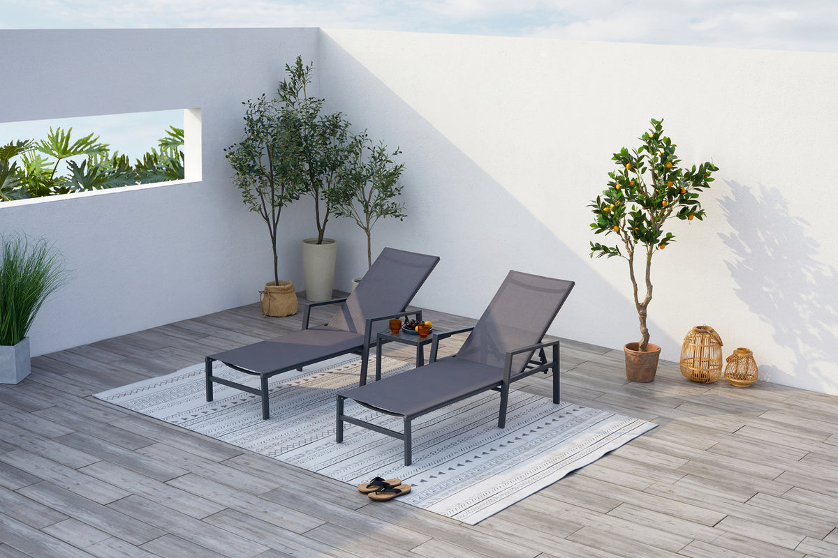 lot de 2 transats et table d'appoint gris foncé