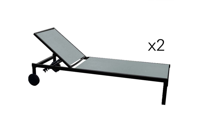 lot de 2 transats inclinables en aluminium et textilene avec roues Gris sur fond Blanc