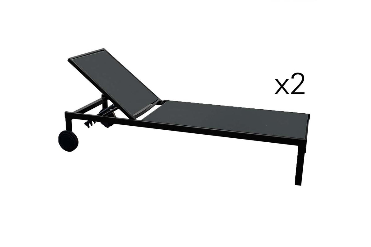 lot de 2 transats inclinables en aluminium et textilene avec roues Noir sur fond Blanc