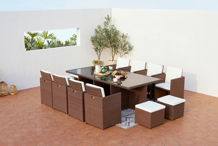 salon de jardin encastrable de 12 places en résine tressée Marron et blanc