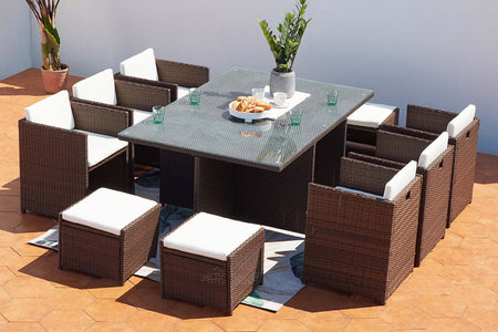 salon de jardin encastrable pour 10 personnes en résine tressée Marron et blanc