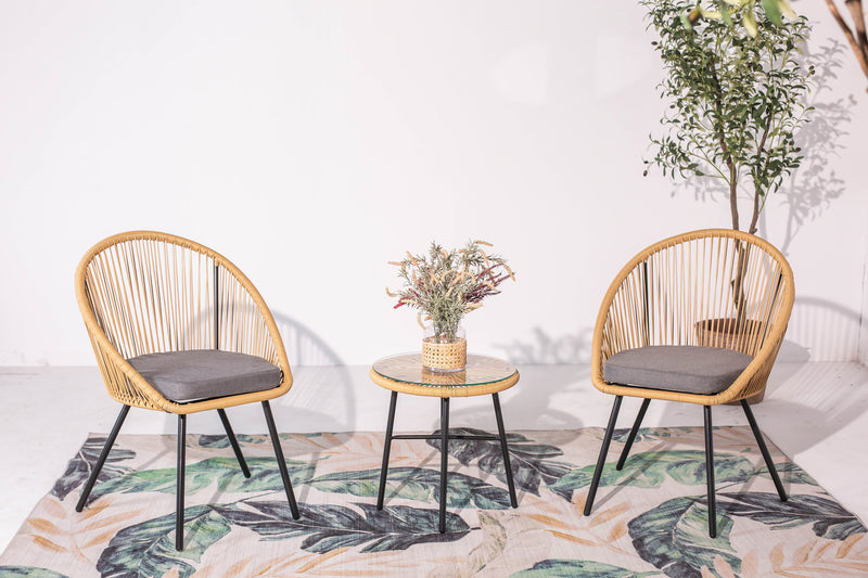 Salon de jardin rotin beige 2 fauteuils et 1 table Naturel et gris
