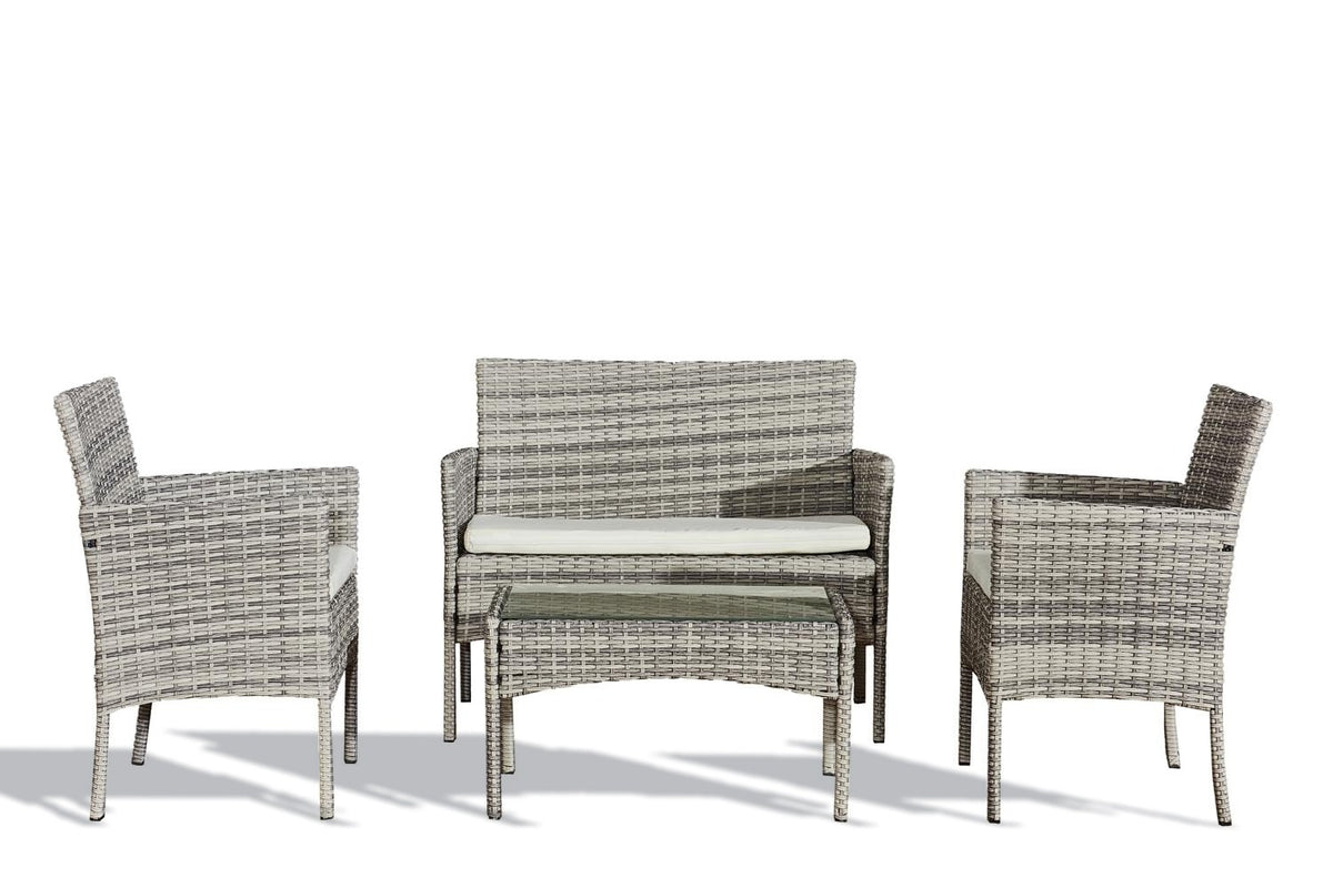 salon de jardin de 4 places en résine tressée sur fond Blanc beige et blanc