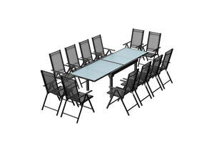 salon de jardin en aluminium avec table extensible + 12 chaises en textilene