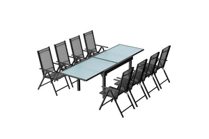 salon de jardin en aluminium avec table extensible + 8 chaises de textilene