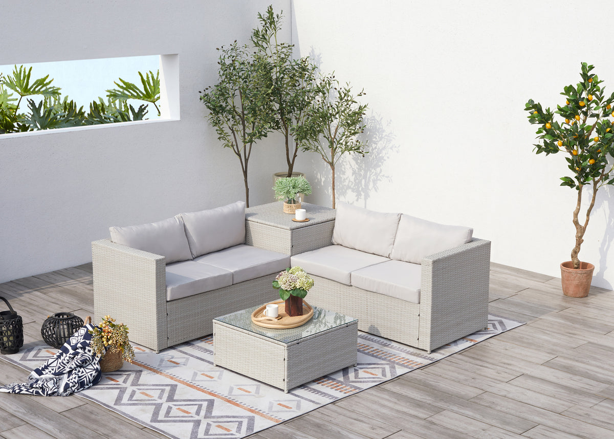 salon de jardin en résine tressée pour 4 places avec coffre intégré Silang gris