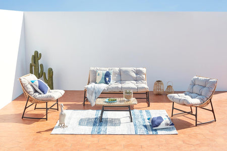 salon de jardin en rotin Naturel Guahana avec coussins beige