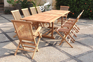 salon de jardin en teck rectangulaire 8 chaises et 2 fauteuils