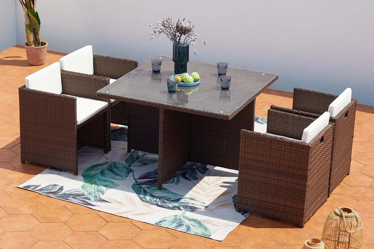 salon de jardin encastrable pour 4 personnes en résine tressée Marron et blanc Miami