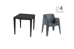 table et fauteuils en plastique recyclé gris anthracite pour 4 personnes
